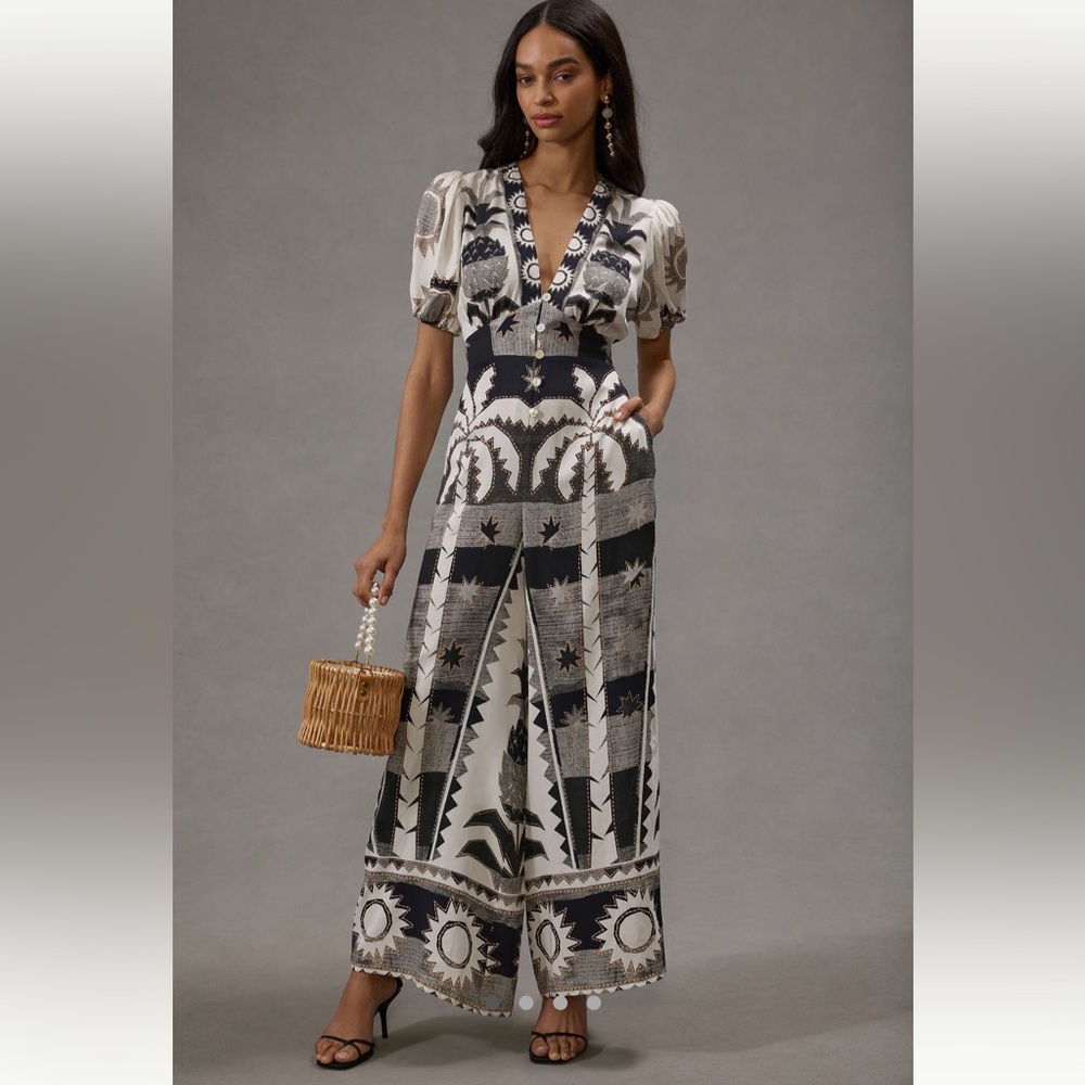 NWT Farm Rio Puff Sleeve Linen Jumpsuit